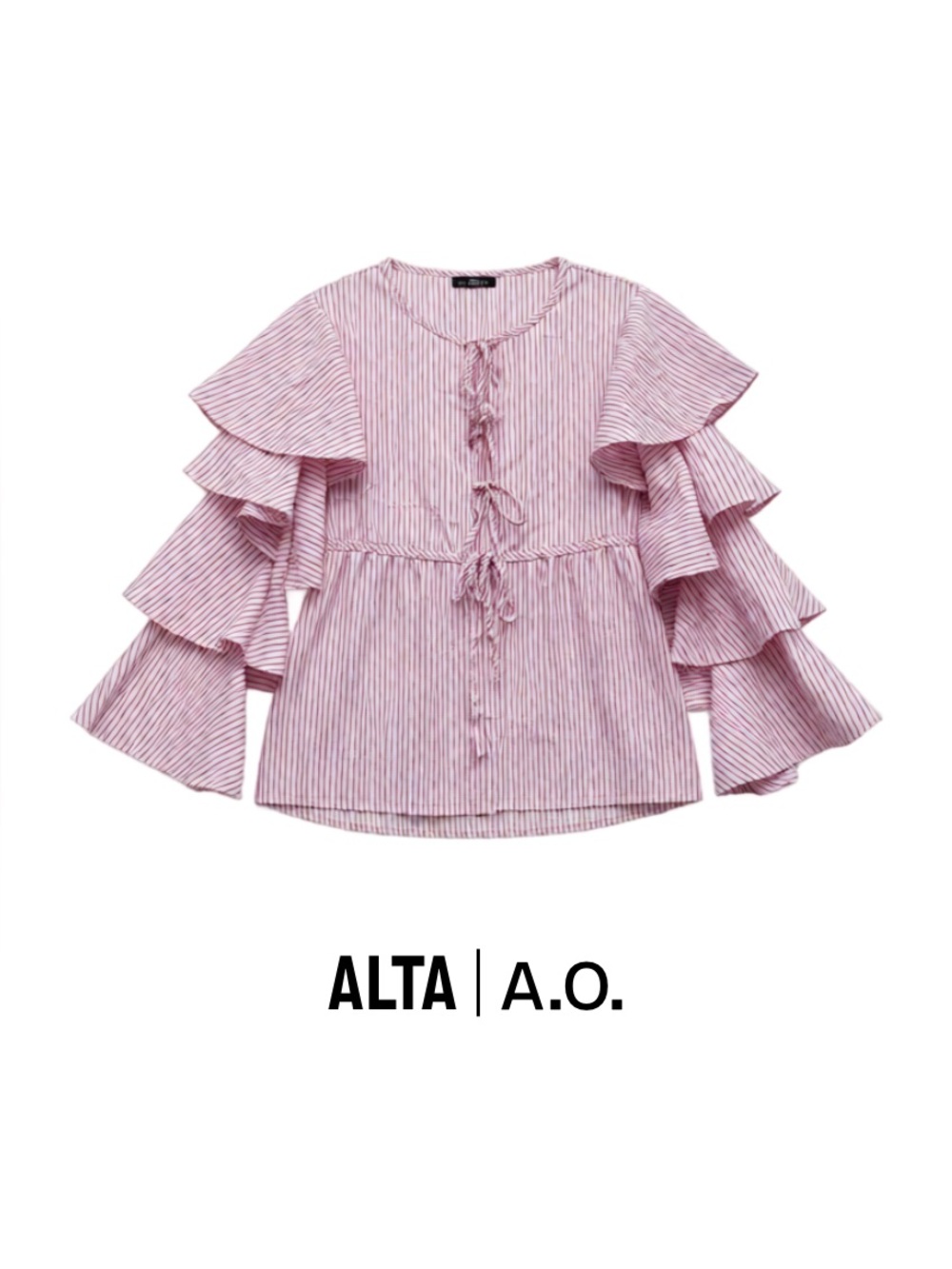 ALTA A.O. Pink Striped Ruffle-Sleeve Tie-Front Blouse
